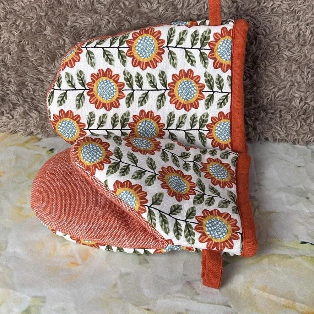 Kay Dee Grabber Oven Mitt Set Autumn In Bloom Sunflowers Pattern Orange Gloves